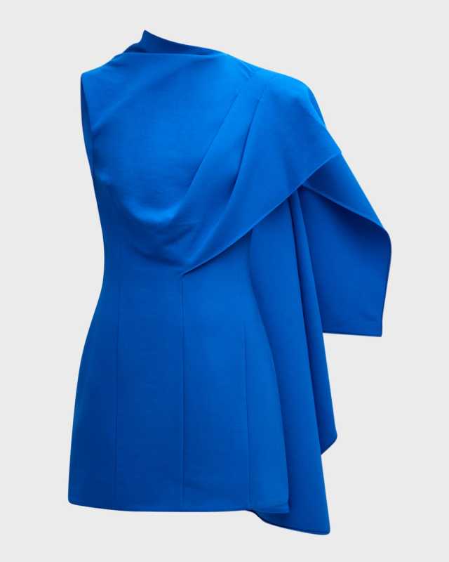 One Shoulder Cape Detail Stretch Wool Mini Dress